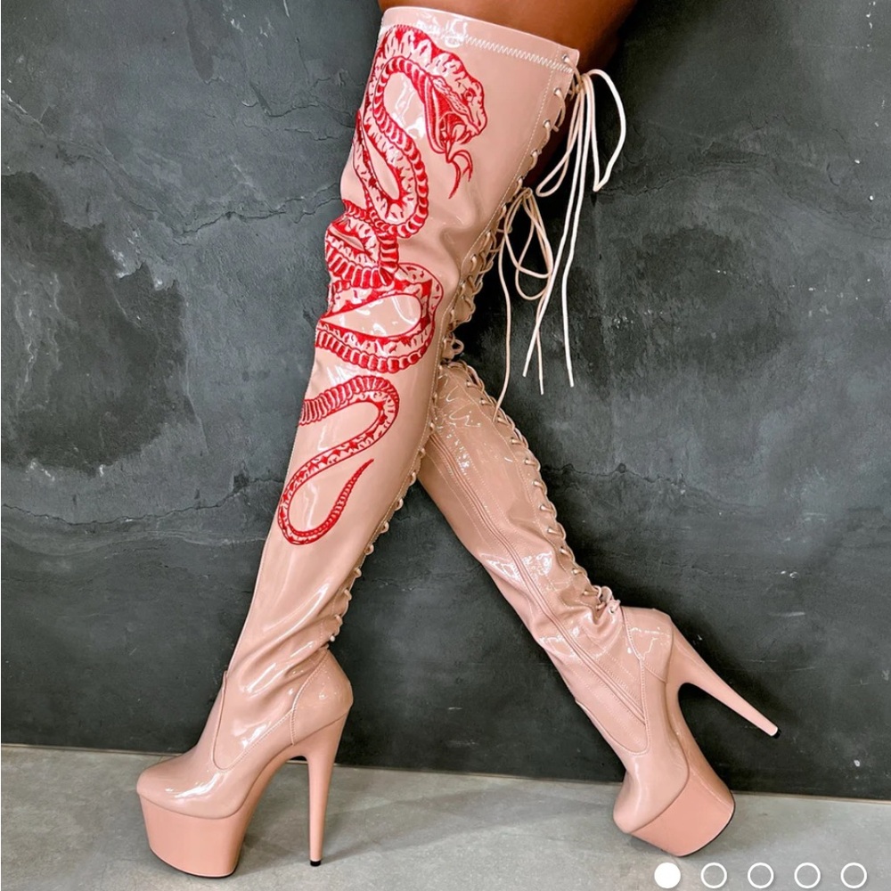 Hella Heels Viper Boot- Thigh-High Boots with Red Snake Design